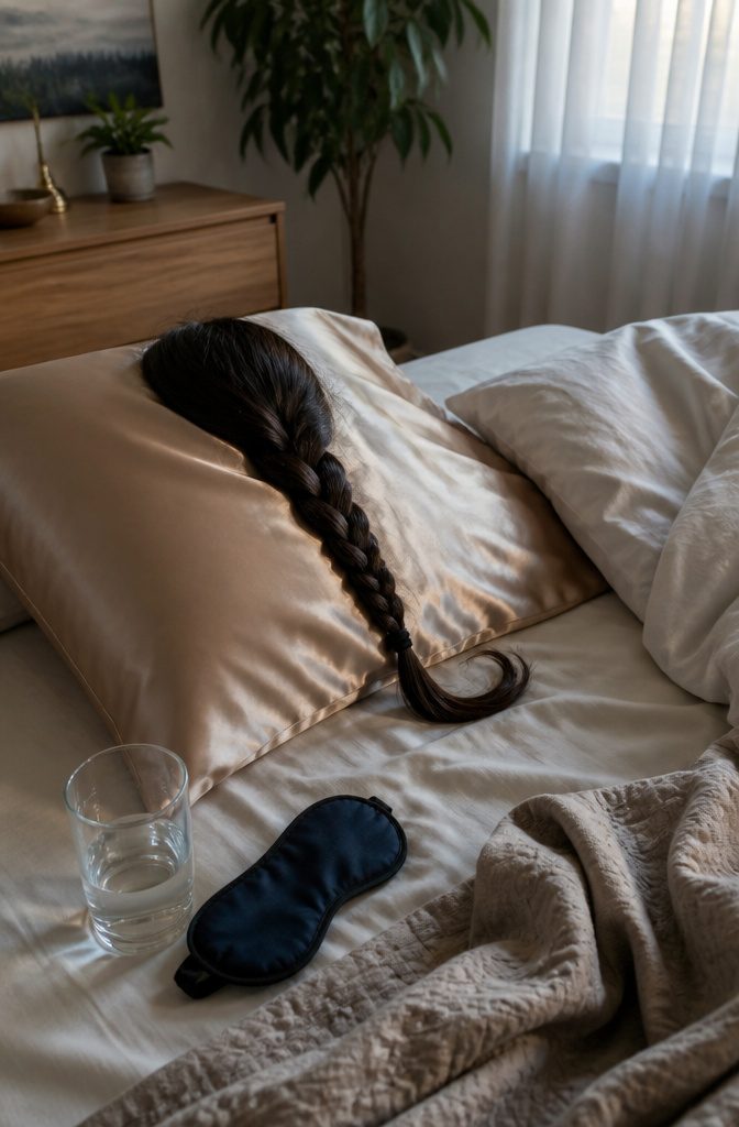 Low loose braid resting on a satin pillowcase beside cotton bedding