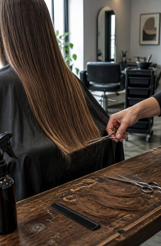 Stylist trimming frayed ends from long hair in a salon