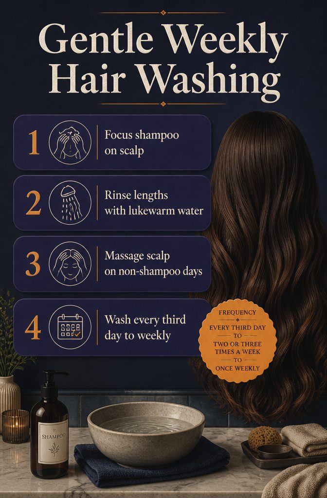 Hair washing graphic showing shampoo concentrated at the scalp
