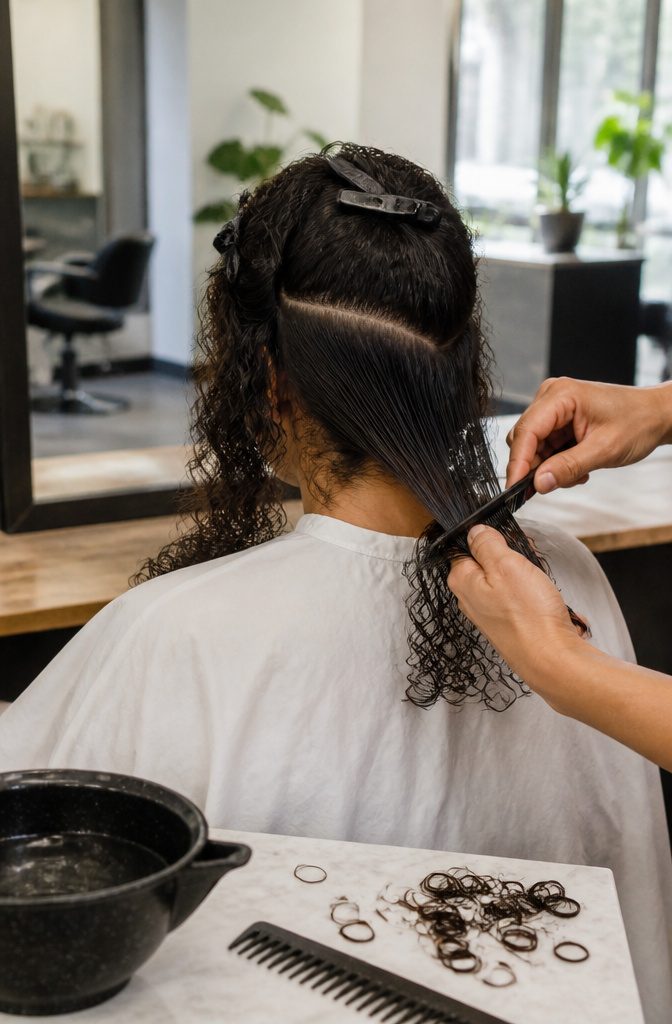 Stylist parting dense curly hair at the back of a seated client