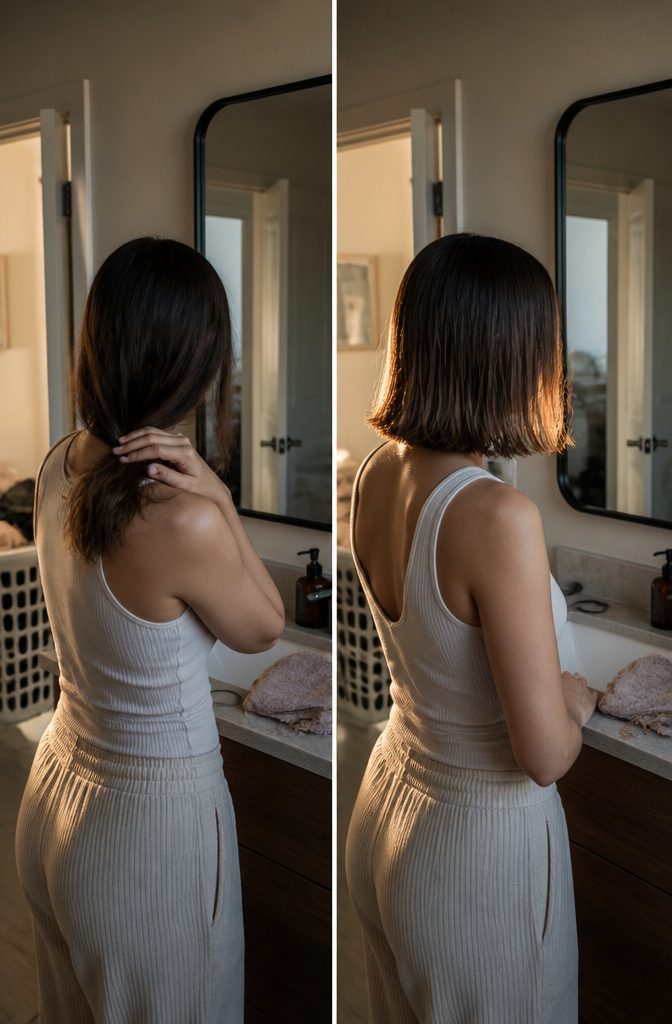 Long bob haircut resting between the chin and collarbone