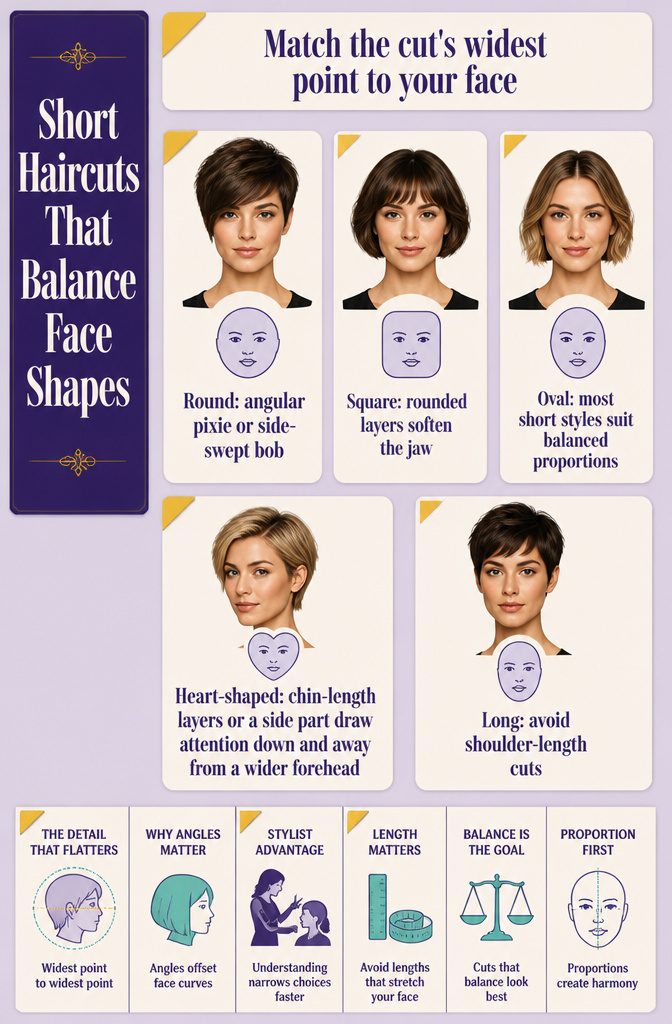 Diagrams matching round square oval heart and long faces with haircuts