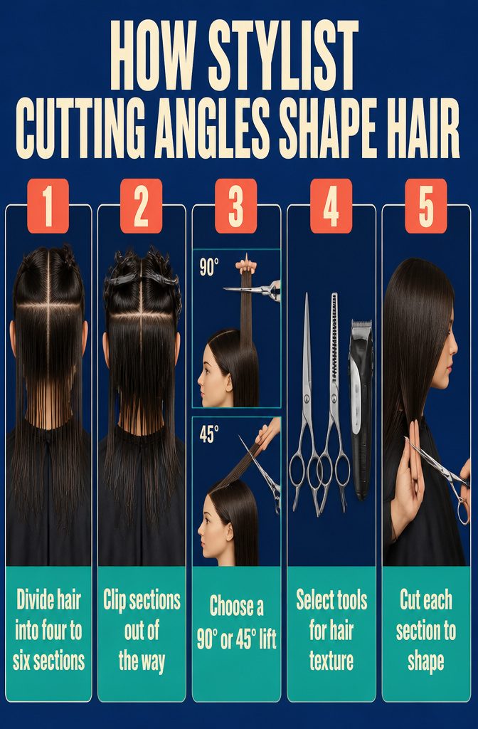 Hair divided into sections beside shears showing different cutting angles