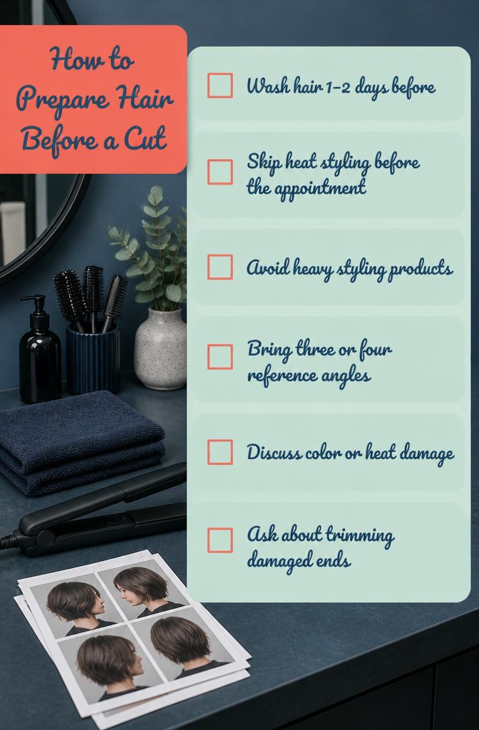 Hair preparation guide showing washing products heat tools and reference photos