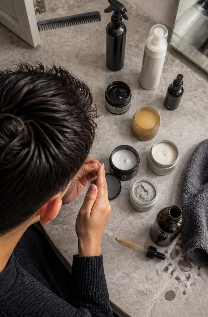 Pomade wax spray mousse serum oil and clay arranged for short hair