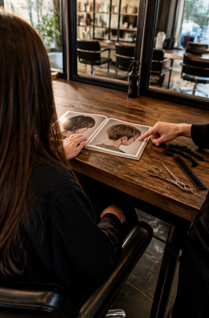Stylist and client hands pointing at short haircut photos beside long hair