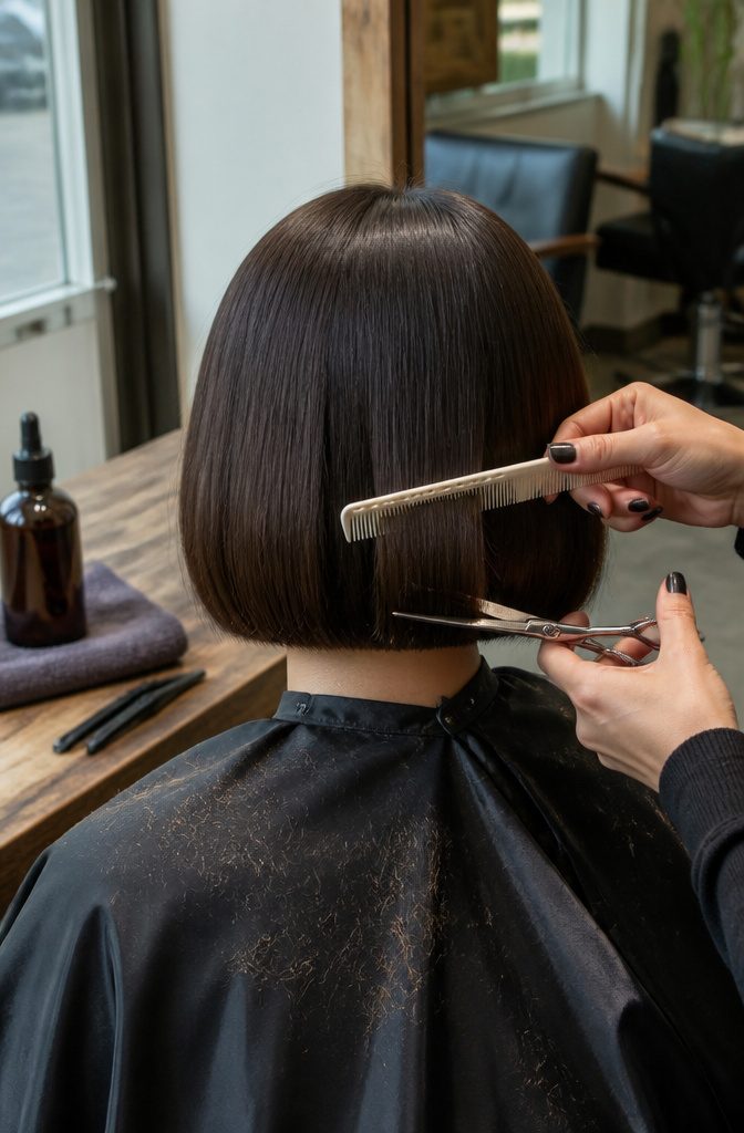 Short haircut being trimmed with scissors near the nape