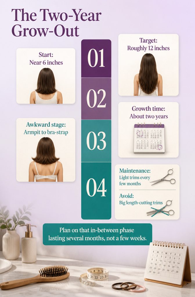 Hair growth timeline graphic showing medium length becoming long