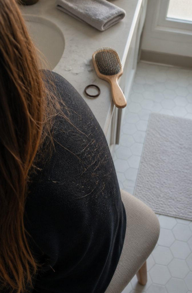 Loose long hairs on dark sweater beside shorter strands in wooden brush