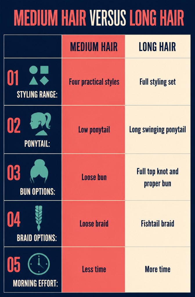Medium and long hairstyles including ponytail bun and braid