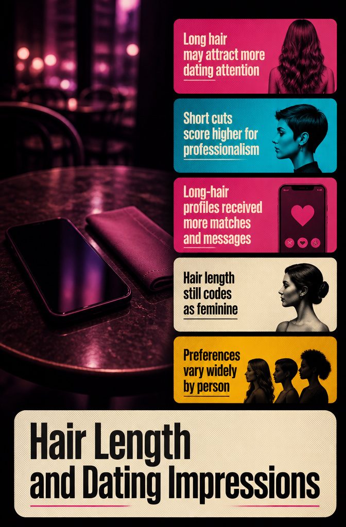 Dating impression graphic comparing long hair shoulder-length hair and pixie cuts