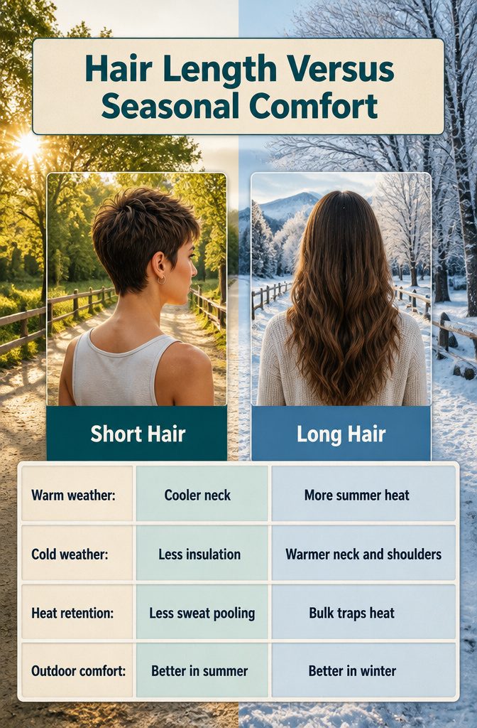 Hair length seasonal comfort graphic comparing short and long styles in warm and cold weather