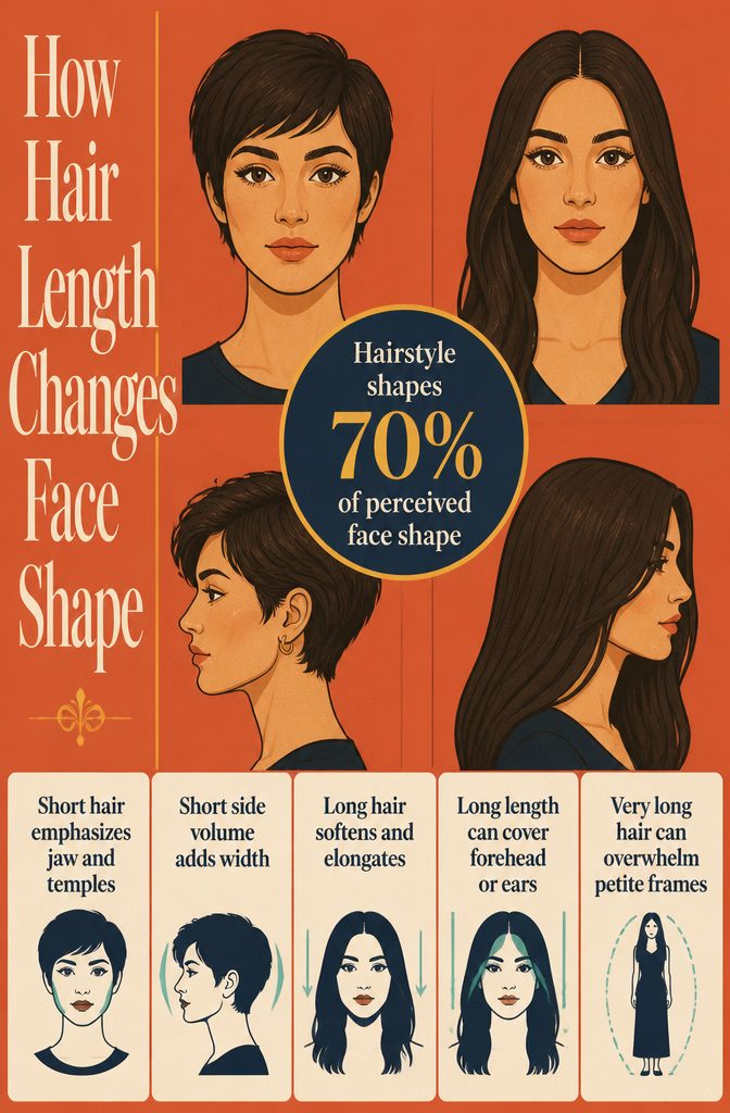 Hair length and face shape graphic showing hairstyles framing different facial outlines