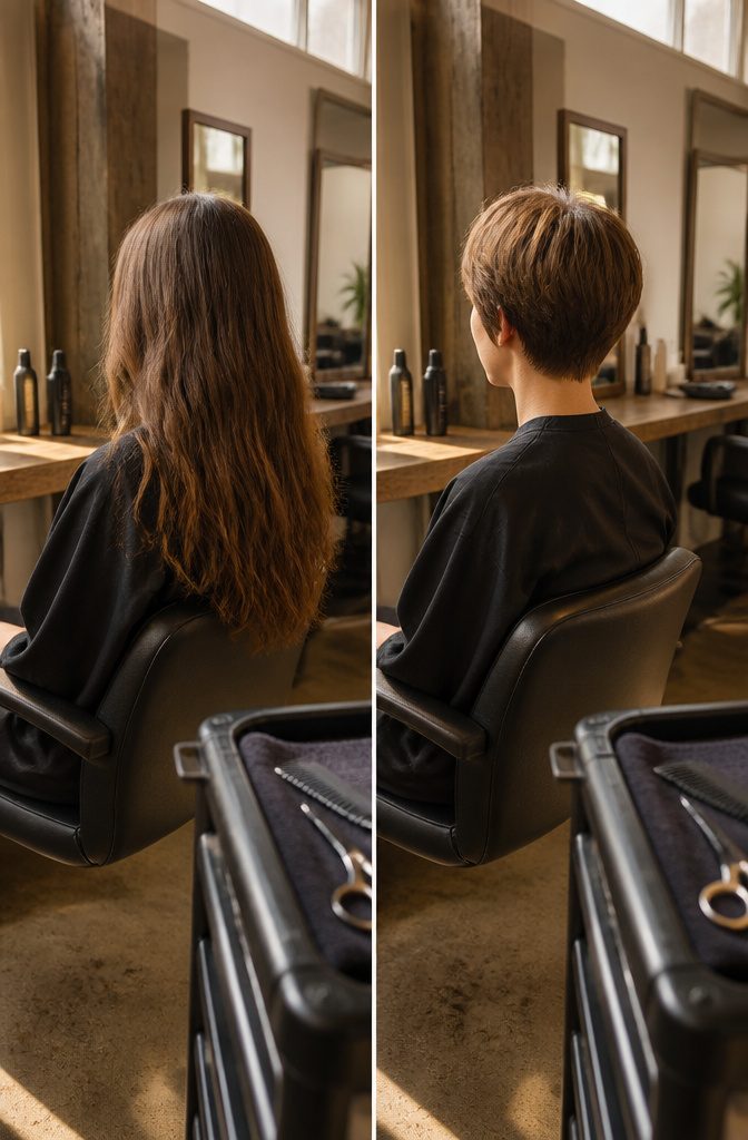 Long and short hairstyles pictured for a comparison of hair condition