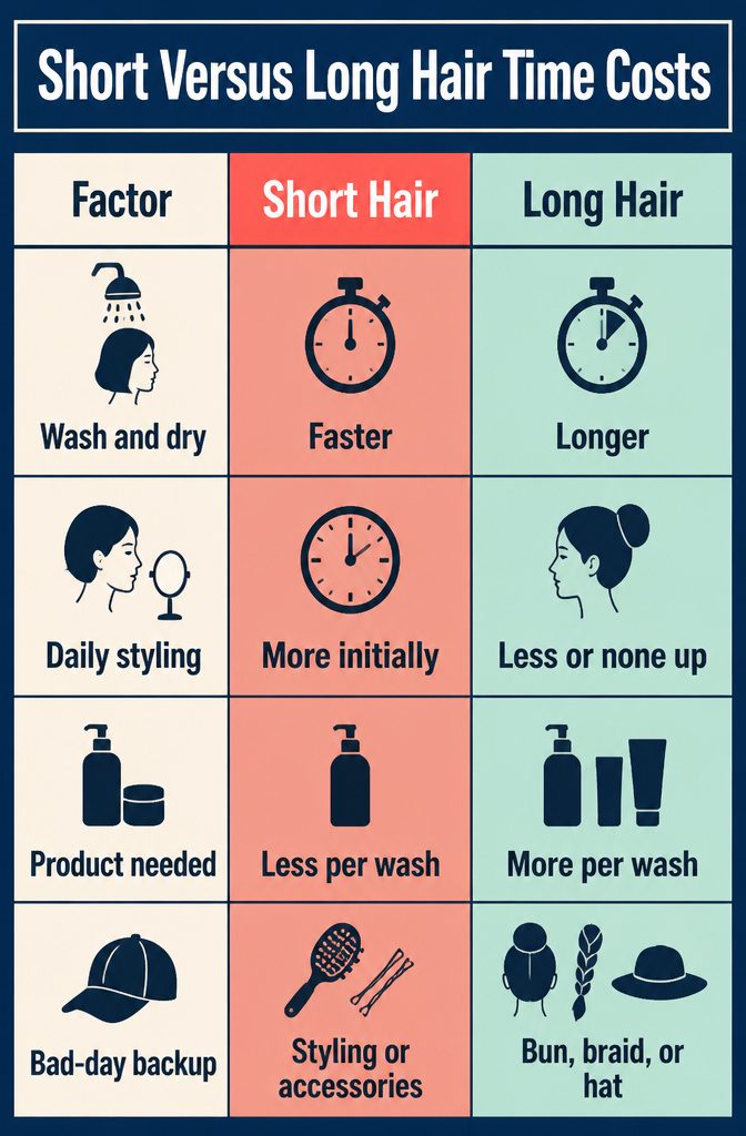 Short and long hair time comparison chart with washing drying and styling categories