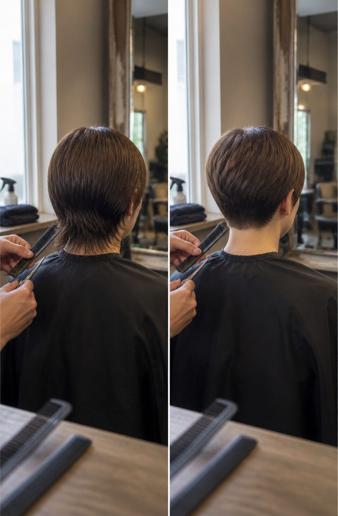 Long and short hairstyles in a photograph for a hair-length comparison