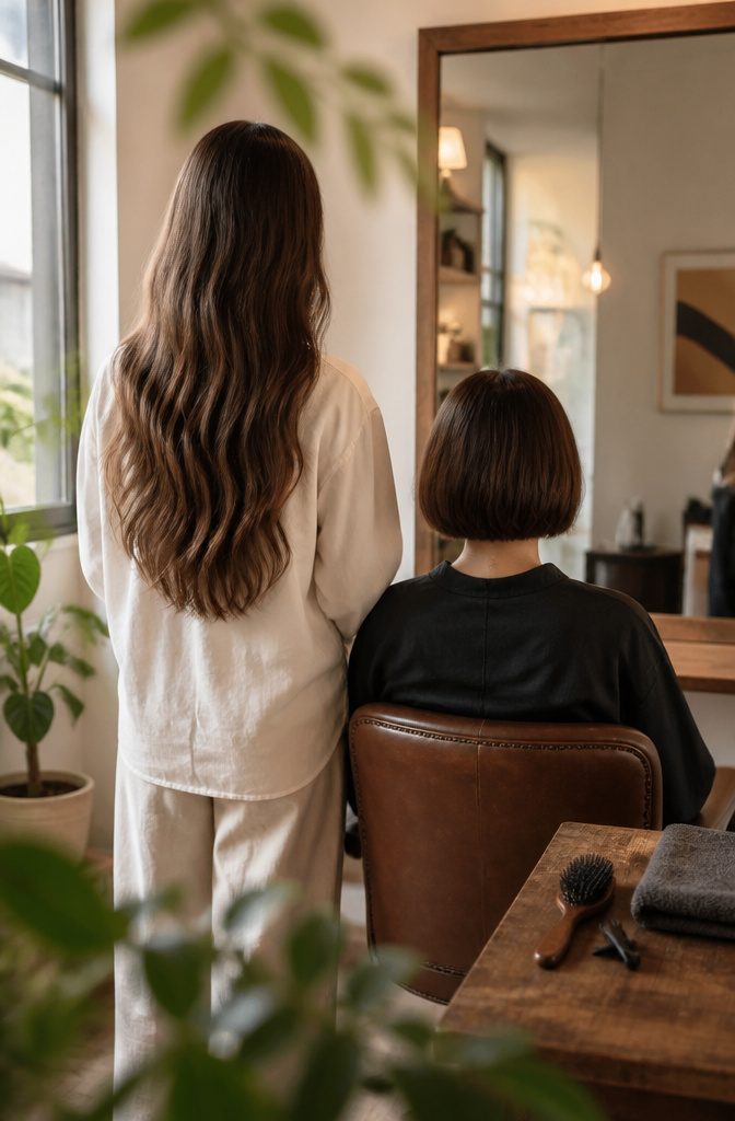 Long-haired person standing beside a seated person with a short bob in a beauty studio