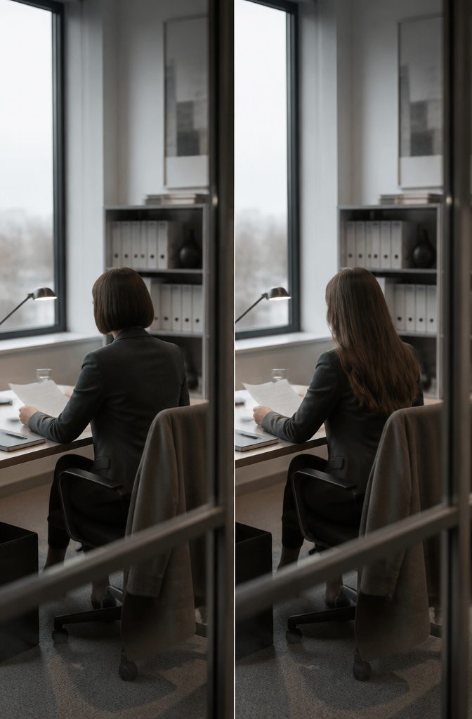 Long and short hairstyles pictured in a comparison tied to workplace dress