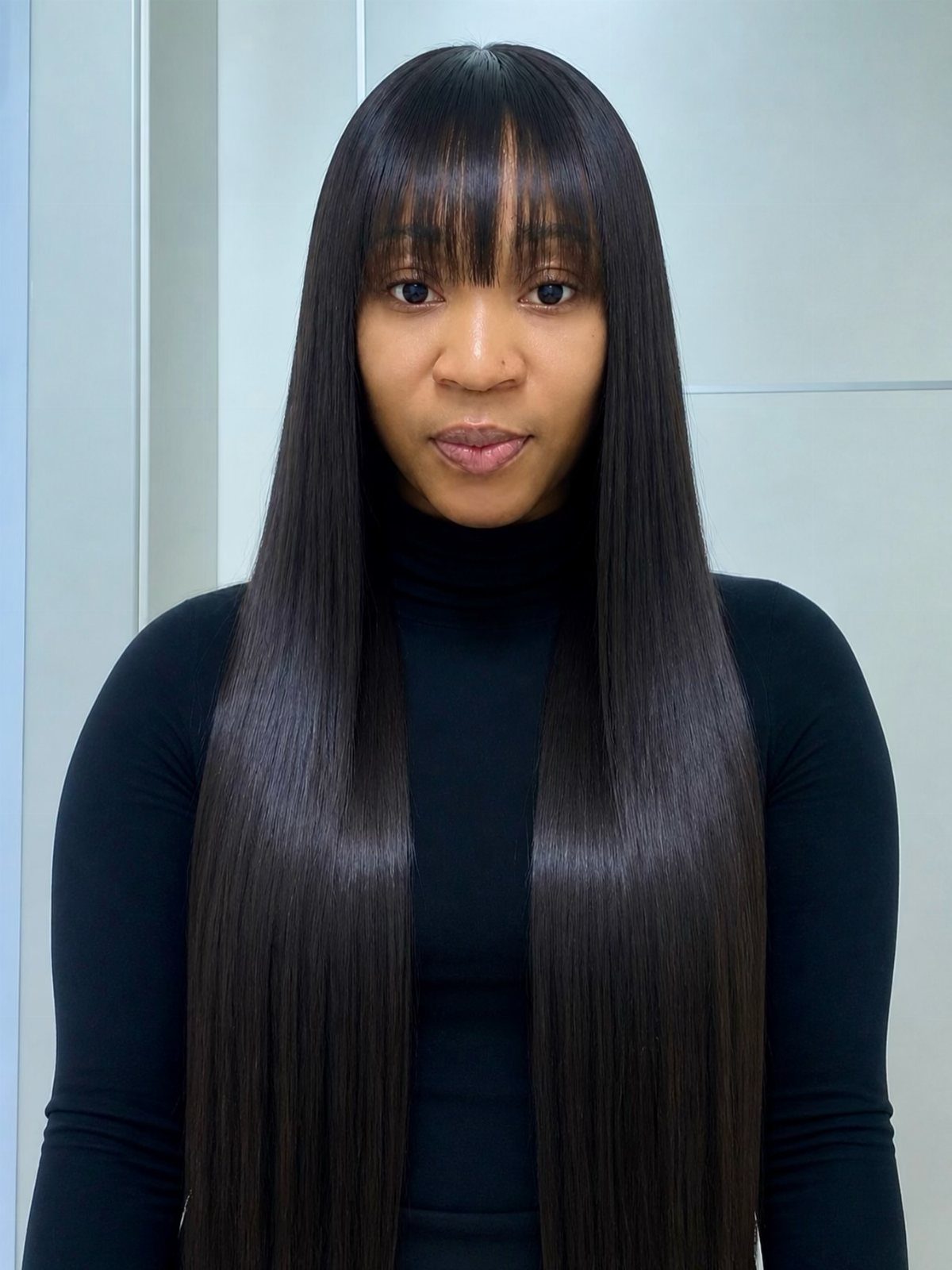 Woman with sleek, long straight black hair and full bangs