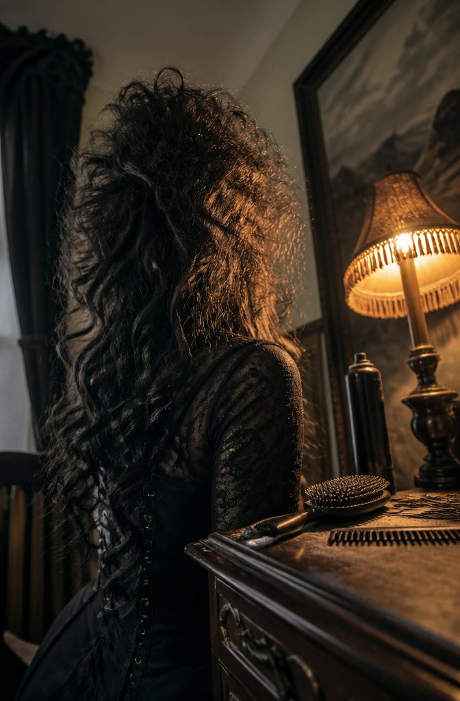 Long dark hair teased at the roots into a voluminous shape