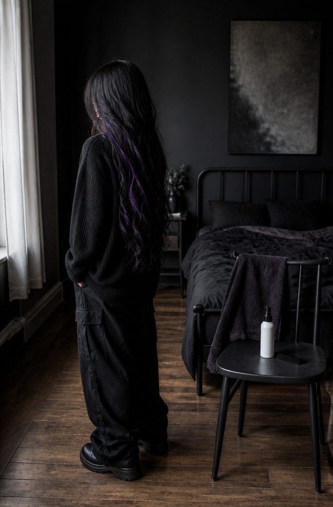 Long dark hair worn loose with violet balayage strands