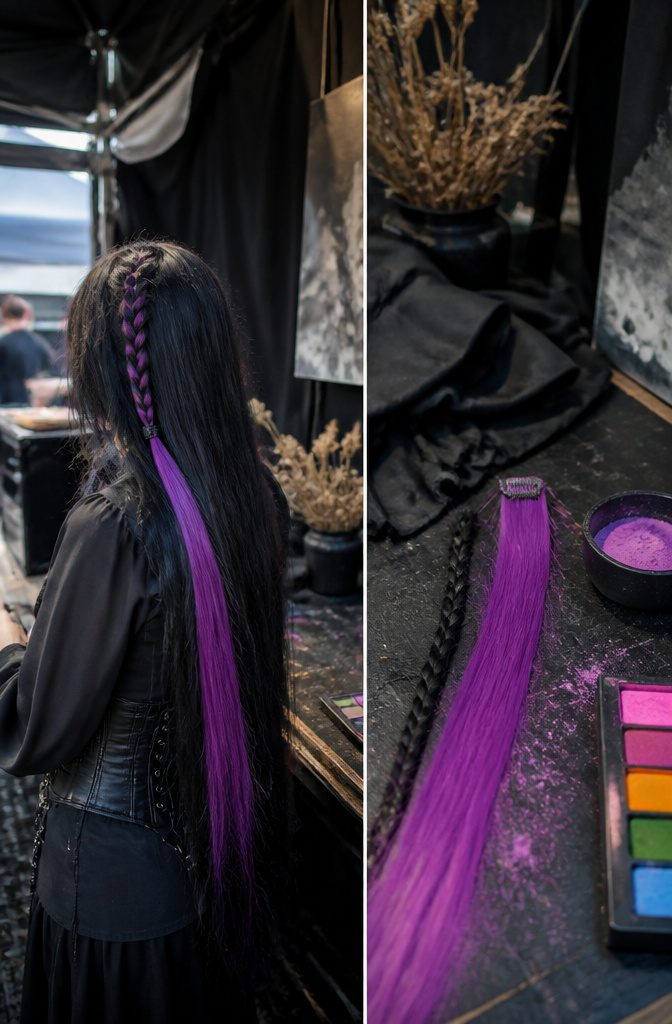 Long dark hair with a bright clip-in extension near the face