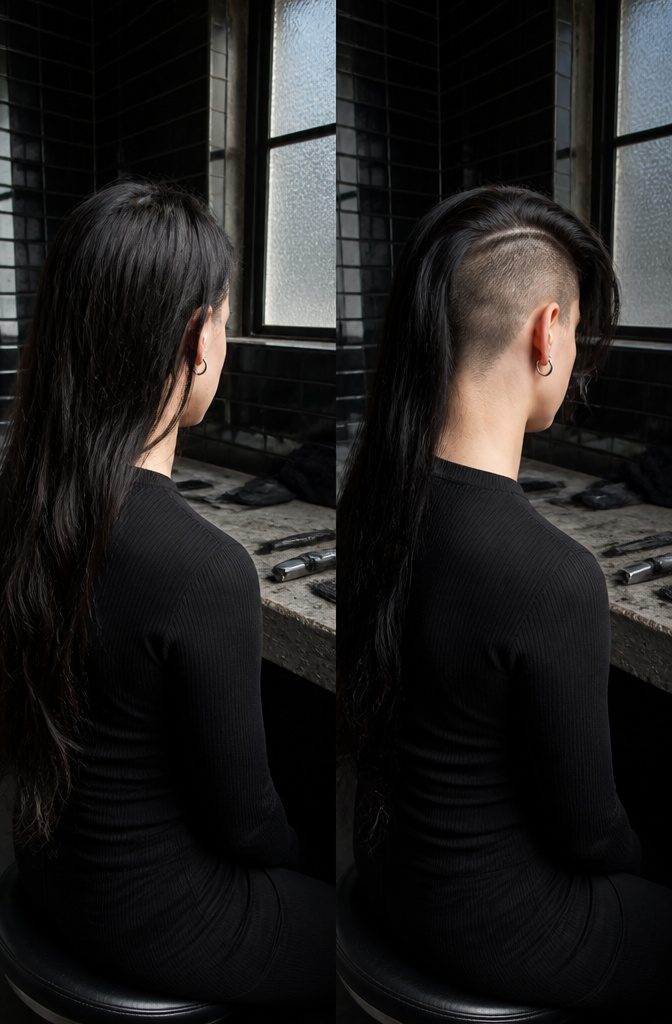 Long hair swept aside to reveal a shaved undercut