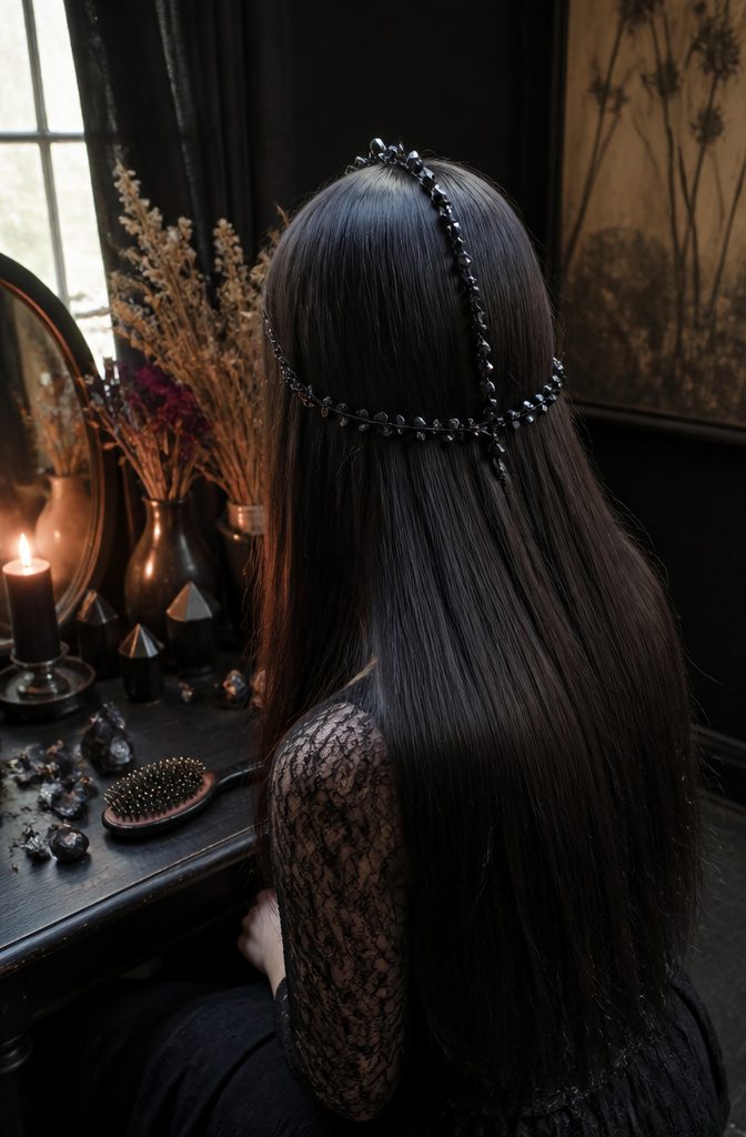 Black crystal headpiece along the center part of long straight hair