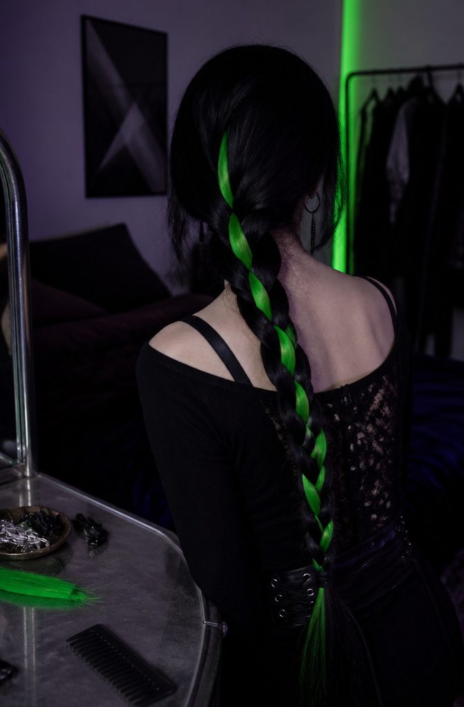 Dark braid woven with a vivid neon green clip-in extension