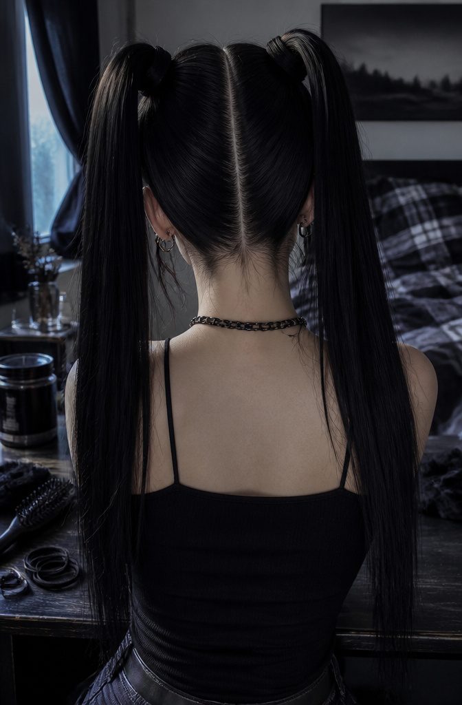 Long hair parted down the back and tied into high pigtails