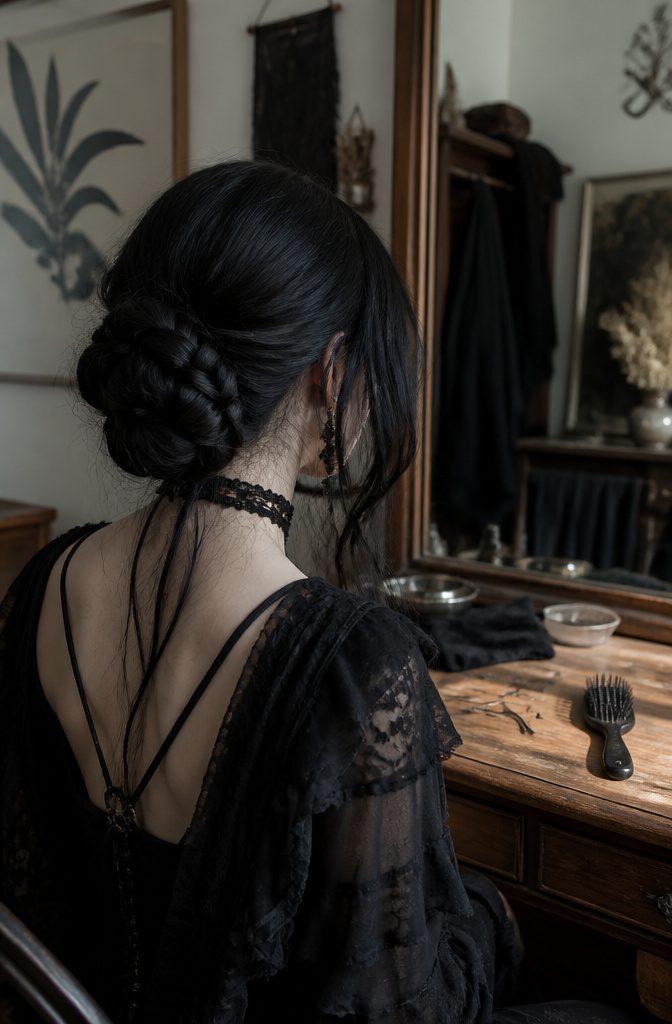 Loose chignon bun pinned at the back with a few strands falling free