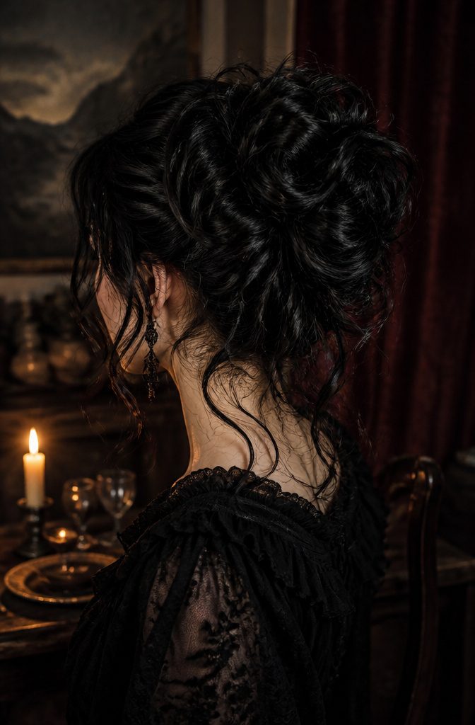 Pinned-up pile of loose curls with tendrils around the face and neck