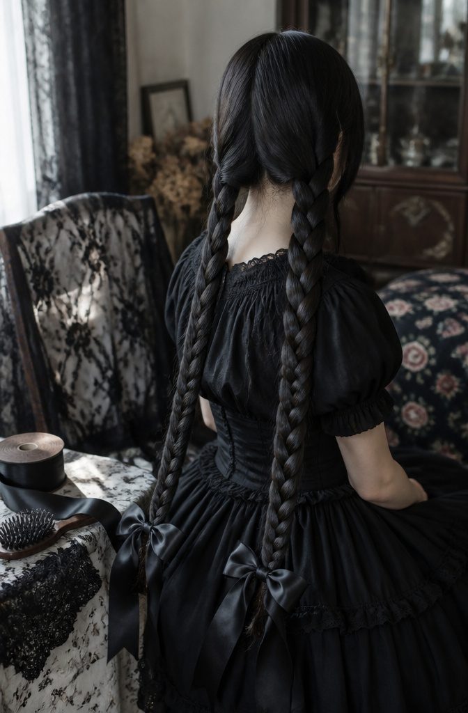 Two long braids tied at the ends with black satin bows