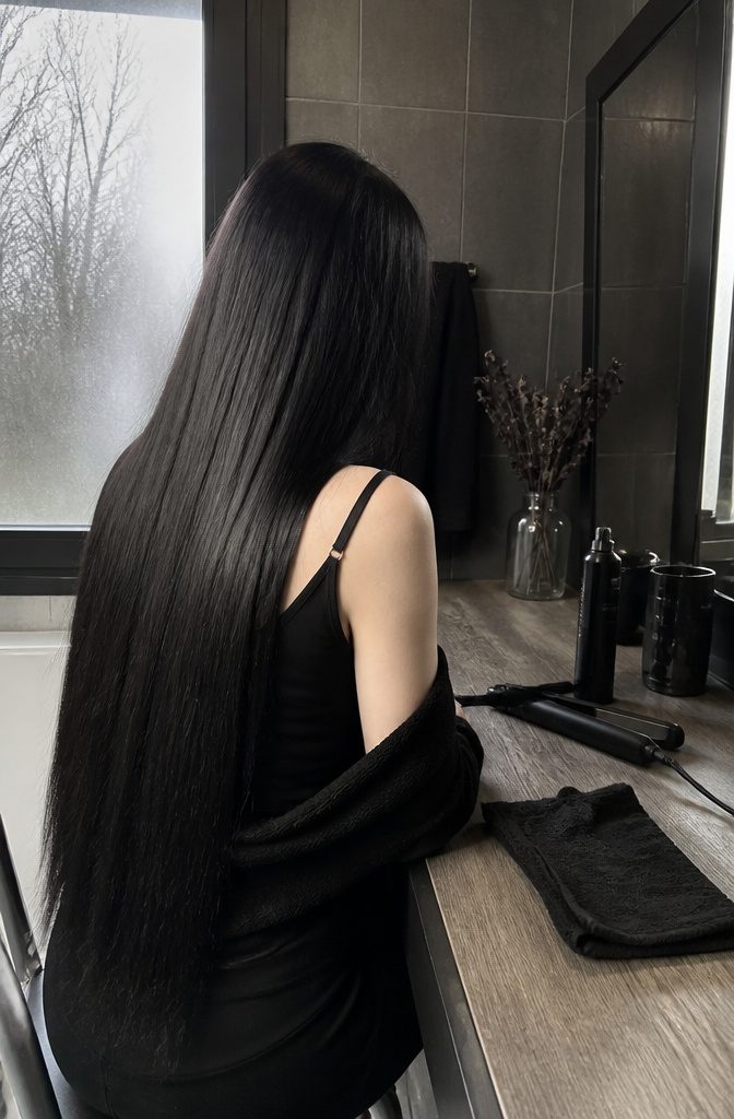 Long poker-straight hair past the waist with a clean center part