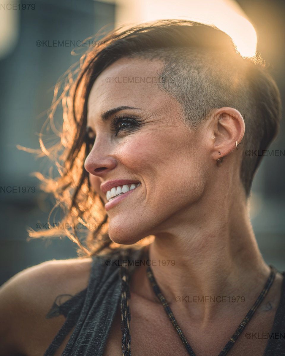 Woman with a short asymmetrical pixie cut and longer wavy top in sunlight