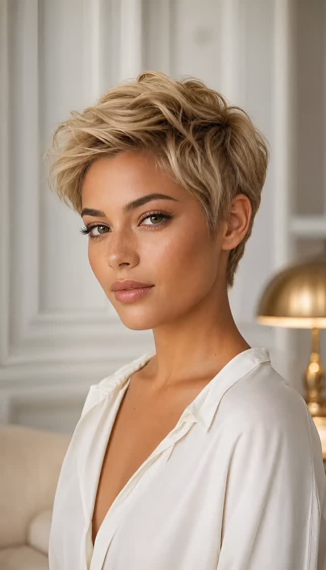 Woman with a tousled blonde pixie cut wearing a white robe