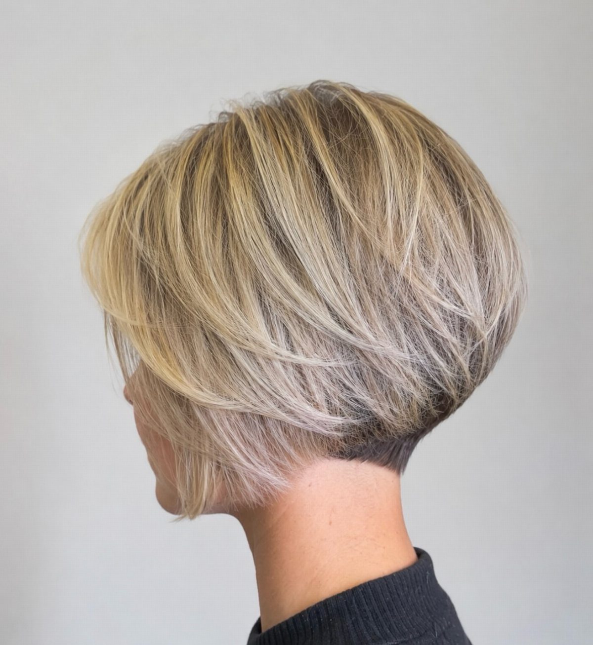 Layered blonde inverted pixie bob with a rounded stacked back and tapered nape