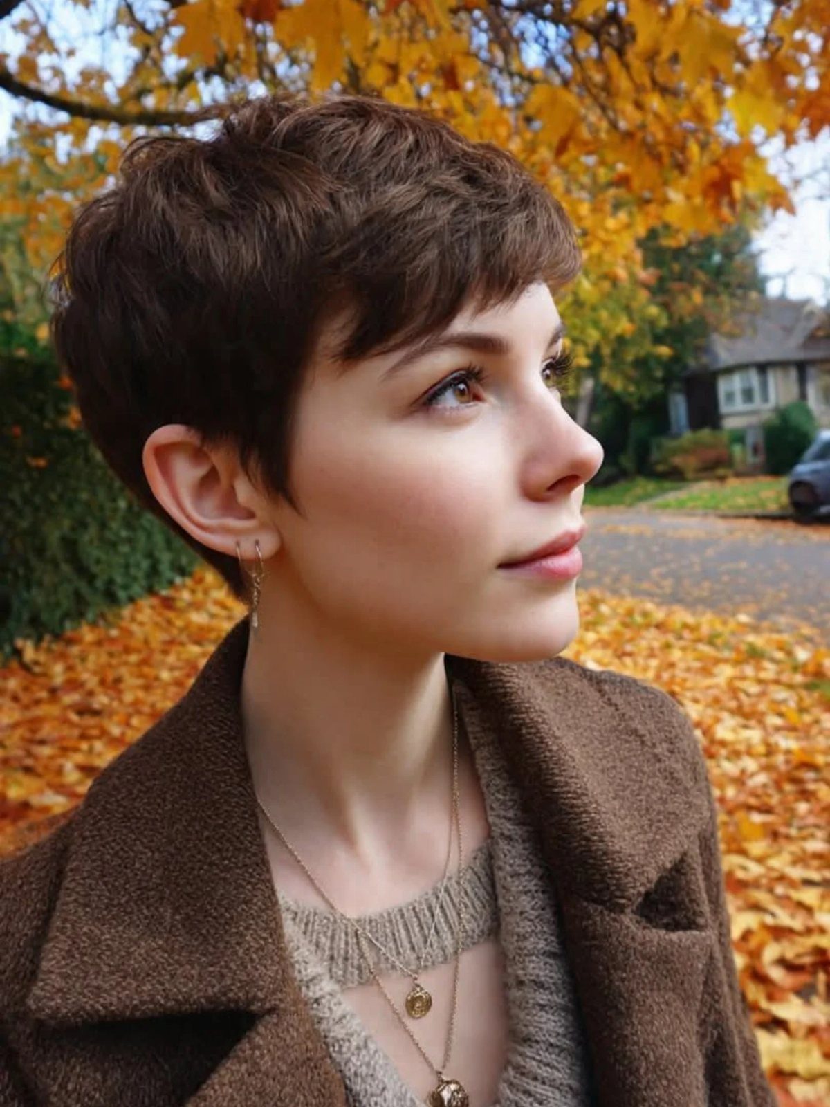 Woman with a textured dark pixie cut and layered crown outdoors in autumn