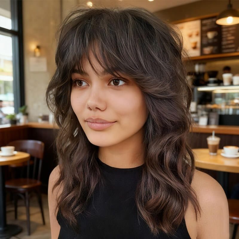 Woman with long layered chocolate-brown shag haircut and wispy bangs