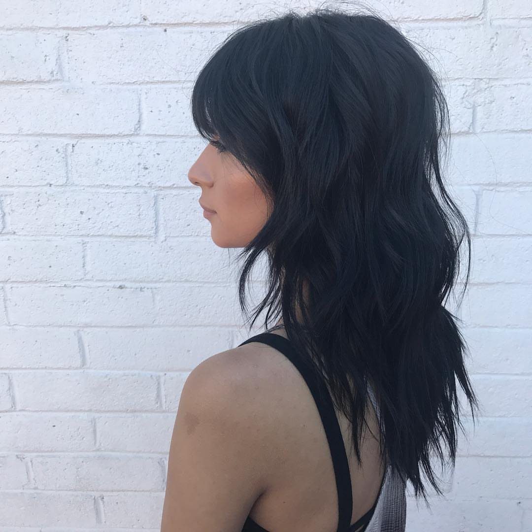 Long dark shag with heavy bangs and textured, wispy ends