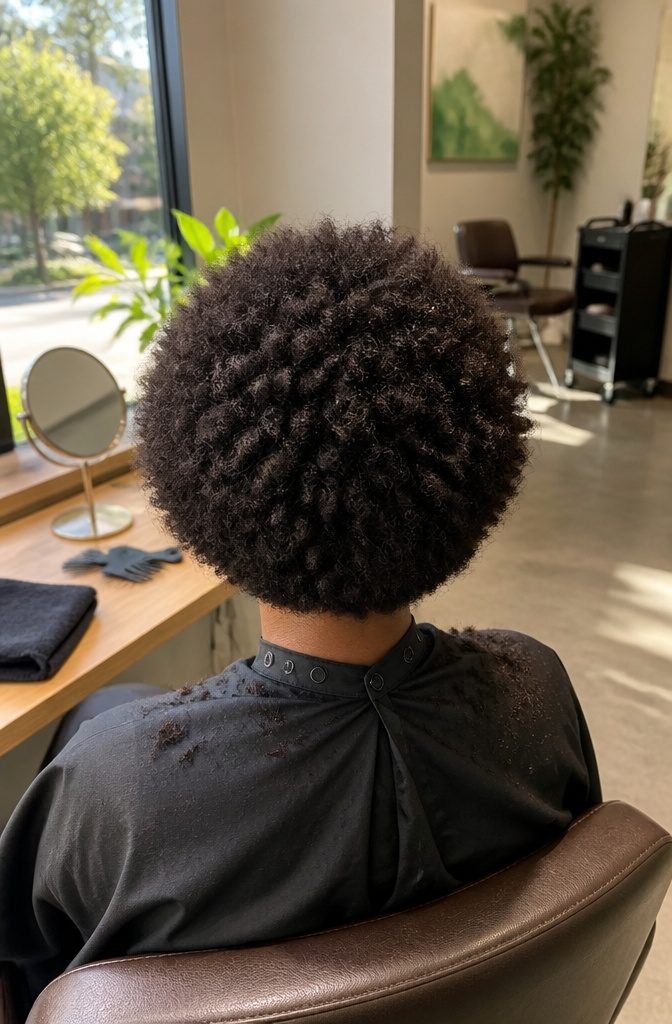 Short natural coils forming a rounded halo around the head