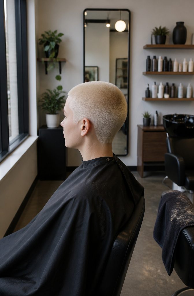 Person with closely buzzed blonde hair and exposed scalp