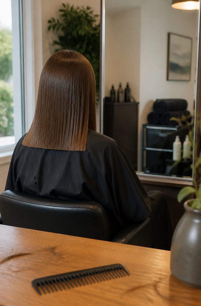 Straight hair cut to one blunt level across the shoulders