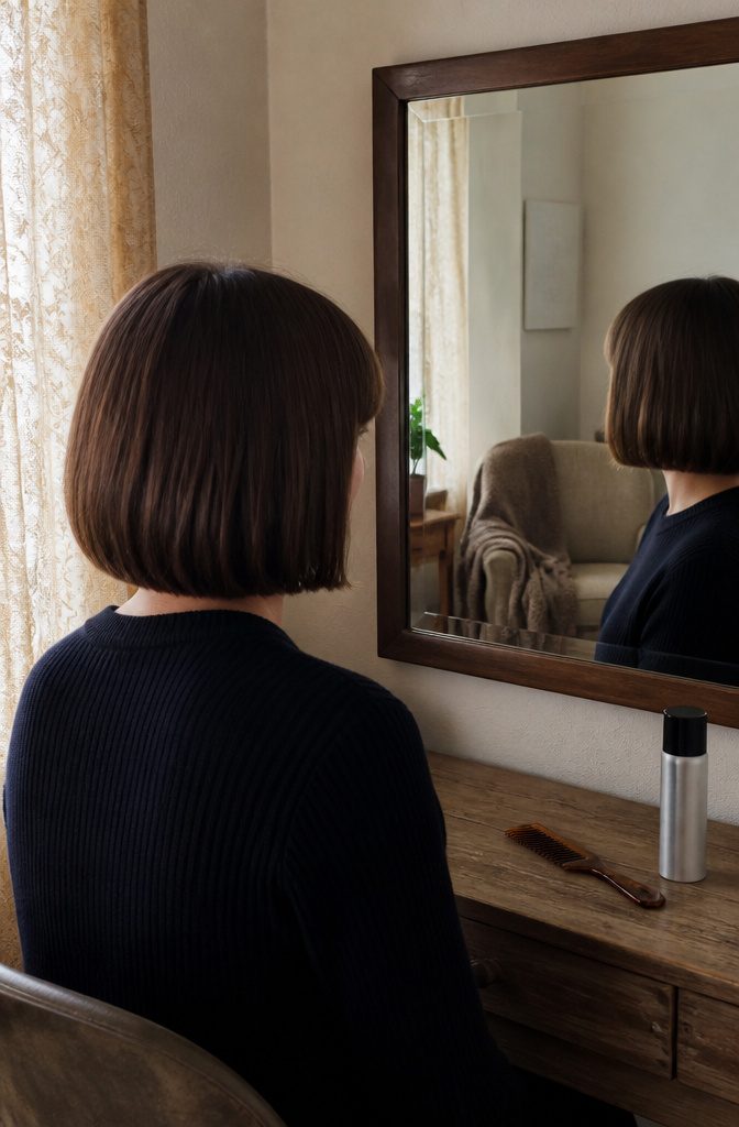 Chin-length bob with straight blunt bangs and smooth hair