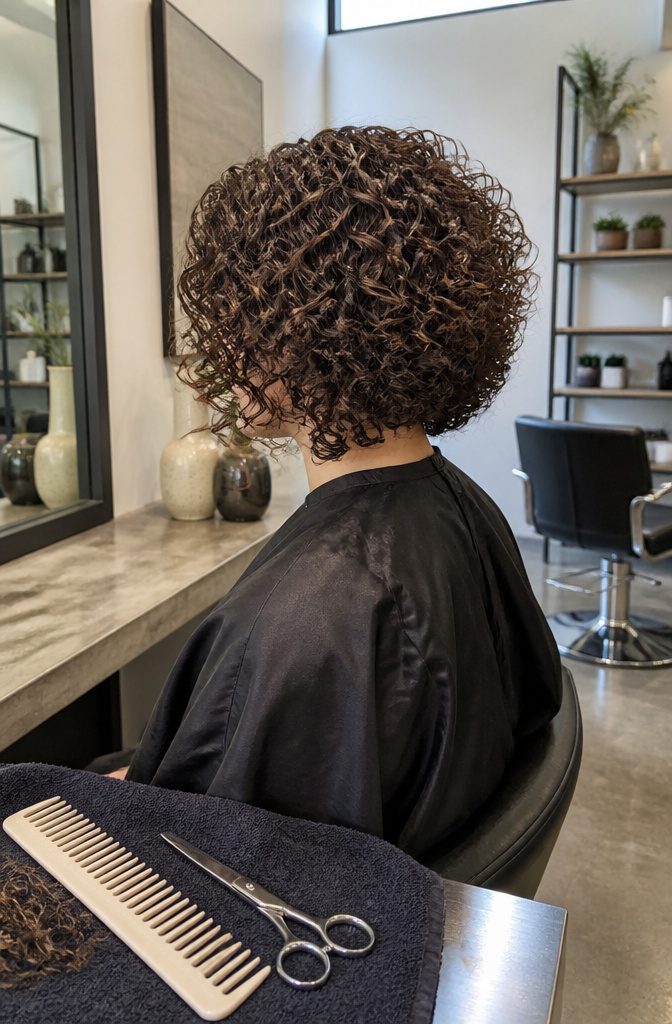 Rounded curly bob with distinct spirals and a tapered nape