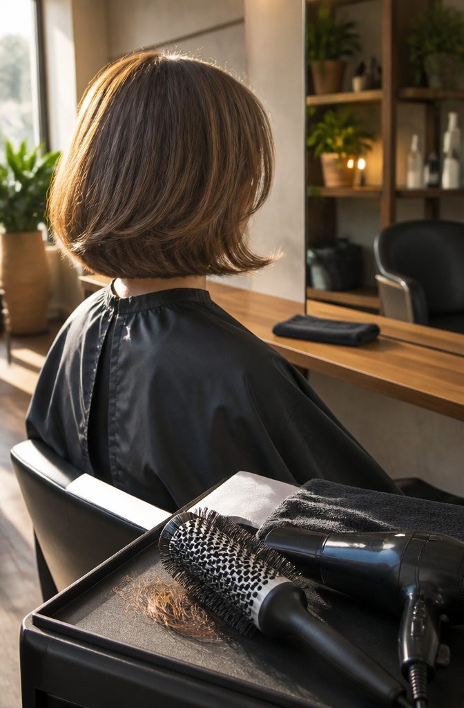 Chin-length bob with lifted ends curving away from the neck