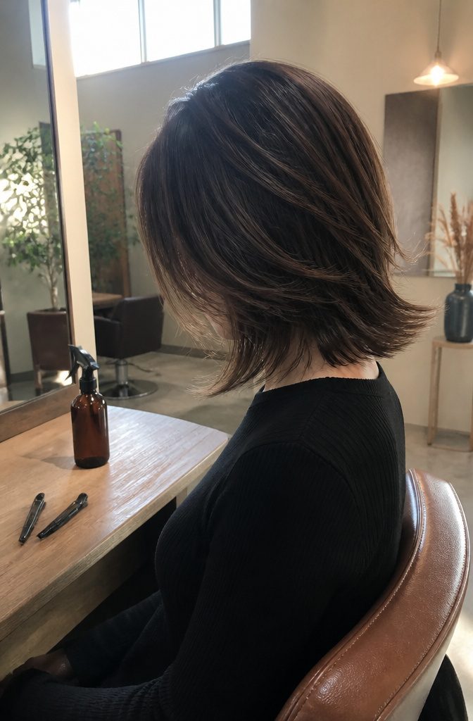 Angled bob with floating face-framing layers and tapered nape