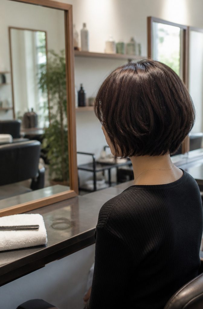 Person with jaw-length bob and full textured bangs in salon mirror