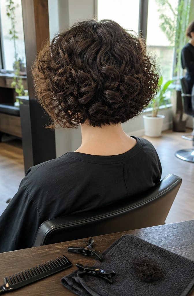 Rounded curly bob with hidden off-center part and tapered nape