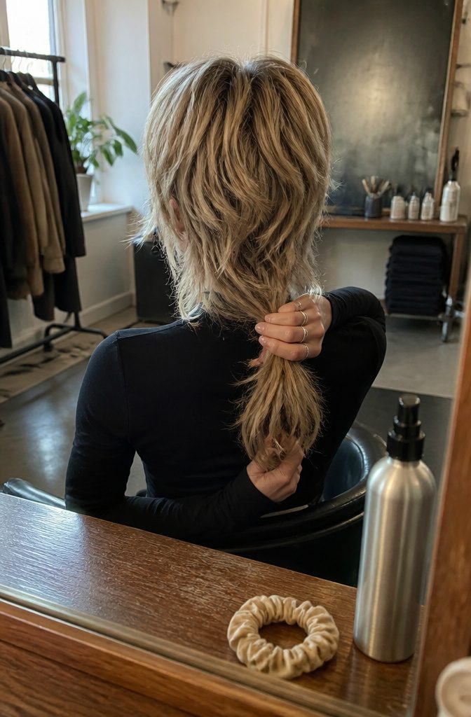 Shag mullet with short crown layers and longer wispy back